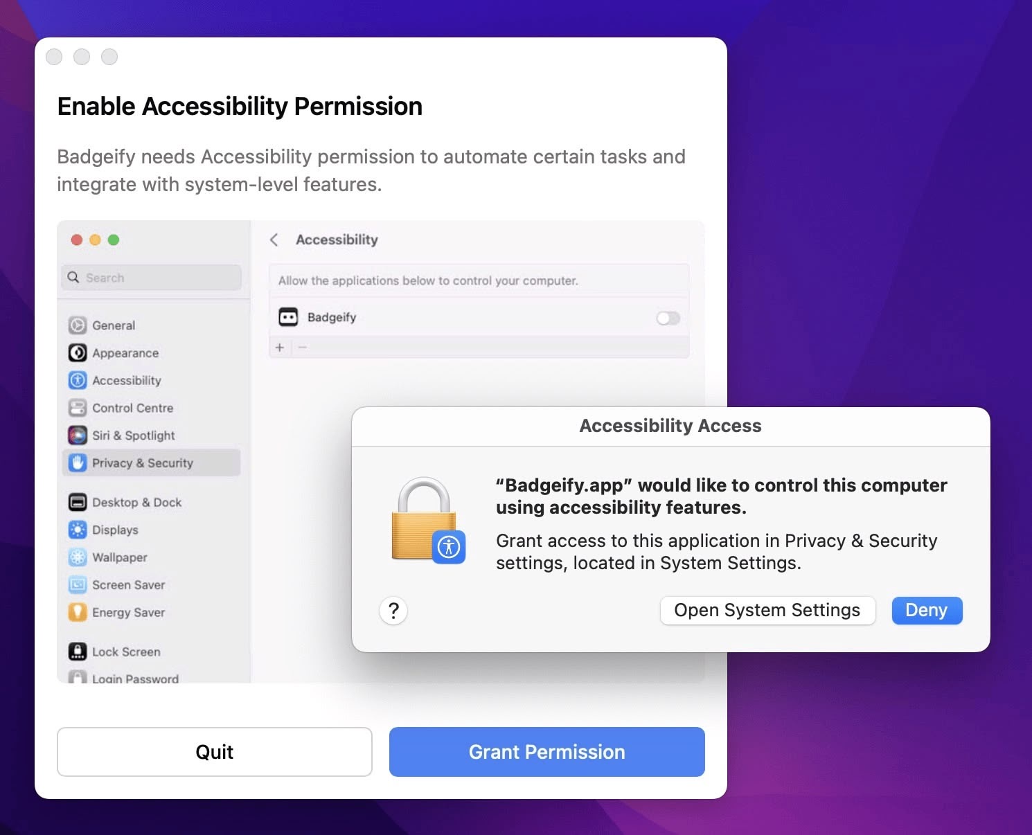 Open Badgeify and grant necessary permissions